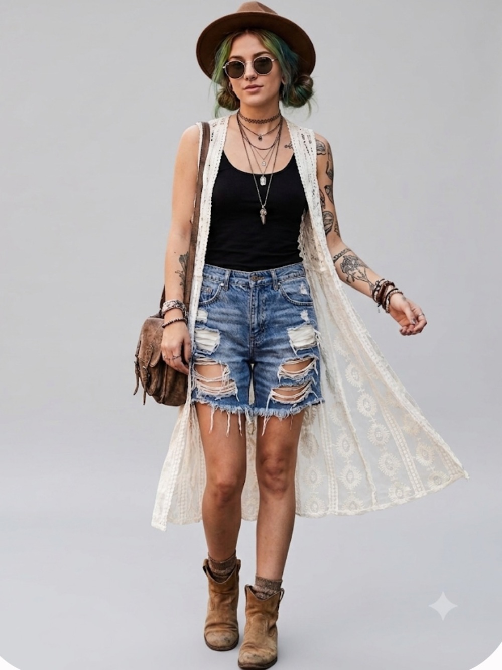 Cato Boho Crochet Lace Duster Vest Long Maxi Kimono Cream XL